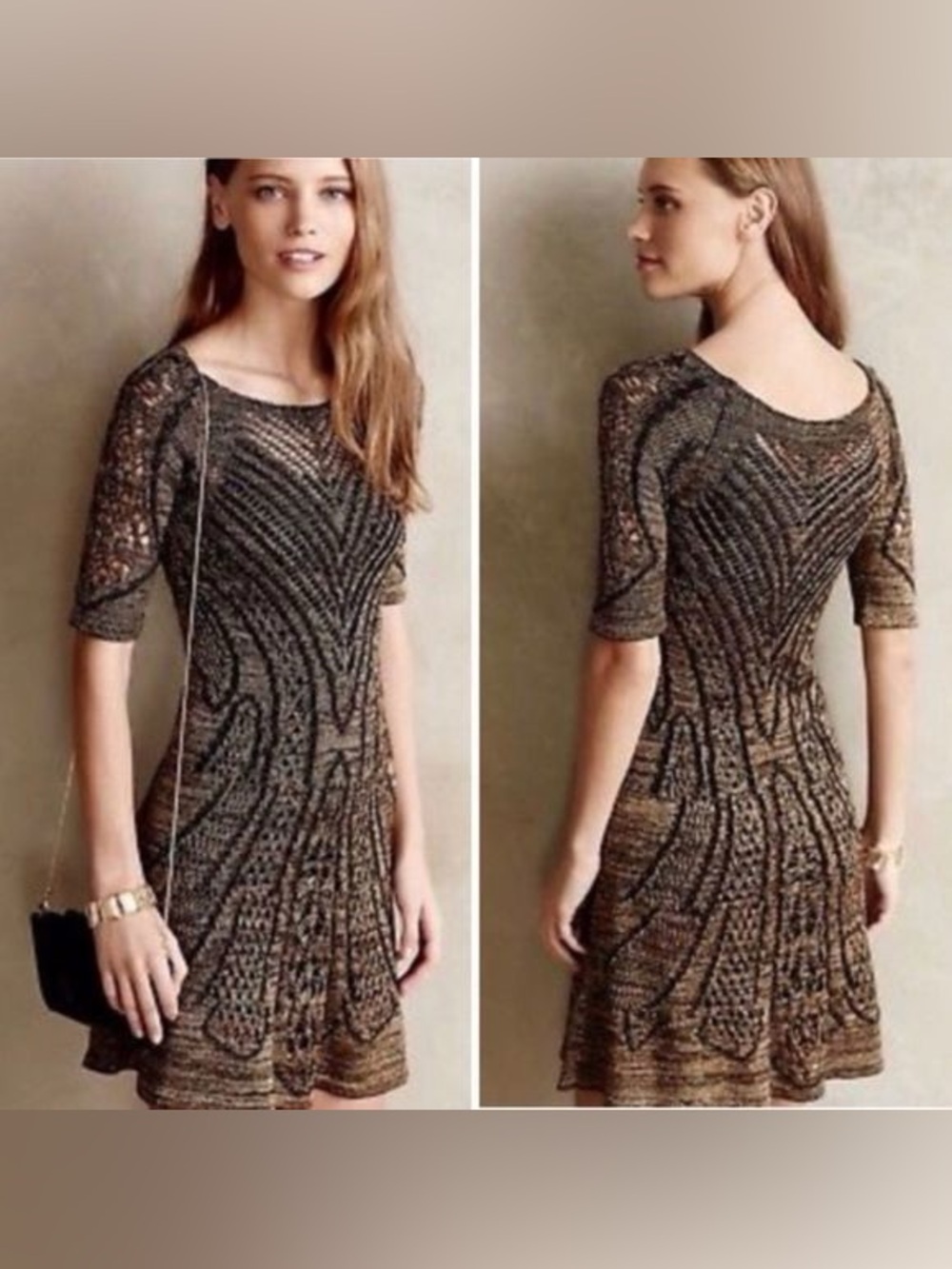 Anthropologie / Cecilia Prado | Open Knit Metallic Sweater Dress Black Gold, XS